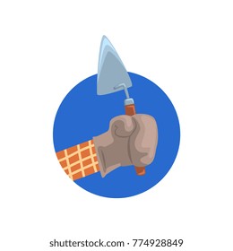 Hand holding building trowel, symbol of the profession of a builder cartoon vector Illustration