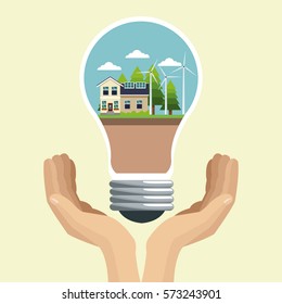 hand holding bulb modern house ecology energy