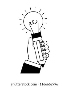 hand holding bulb pencils shape rocket creativity