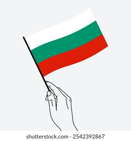 Hand holding Bulgaria flag in line art drawing style. Bulgaria hand Flag waving. Vector illustration