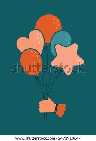 Hand holding bunch of air ballons. Cute minimalistic clipart. Romantic vector illustration for greeting card, banner, sticker, invitation on birthday party, valentine's day, anniversary.