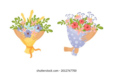 Hand Holding Bunch or Bouquet of Blooming Flowers Wrapped in Gift Paper Vector Set