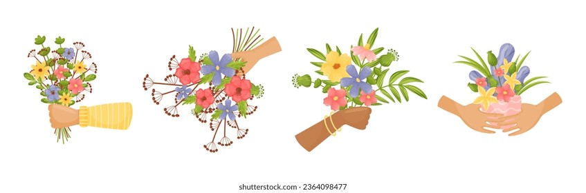 Hand Holding Bunch or Bouquet of Blooming Flowers Vector Set