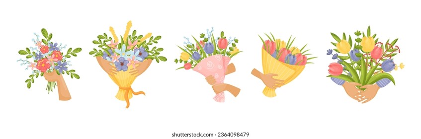 Hand Holding Bunch or Bouquet of Blooming Flowers Vector Set