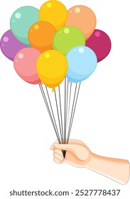 A hand holding a bunch of colorful balloons