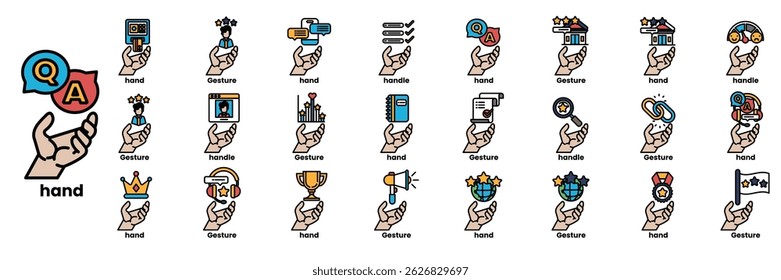 A hand holding a bunch of different icons. The hand is holding a bunch of different icons, including a question mark, a heart, a trophy, a book, a globe, a flag, a cup, a cell phone, a computer