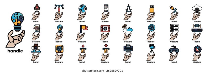 A hand holding a bunch of different icons. The hand is holding a variety of items, including a camera, a keyboard, a mouse, a cell phone, a computer, a printer, a remote control, a joystick, a mouse