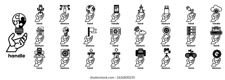 A hand holding a bunch of different icons. The hand is holding a variety of items, including a camera