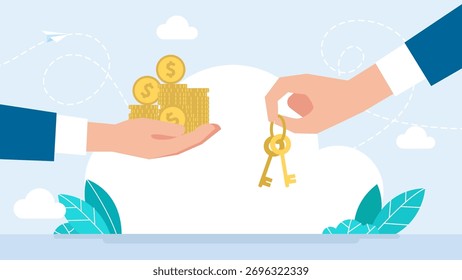 Mão segurando um monte de chaves. Conceito de aluguer ou venda do apartamento da casa. Comprar carro, alugar apartamento, conceito de pagamento de aluguel. Mão de negócio venda, comprador que paga com dinheiro.Ilustração vetor
