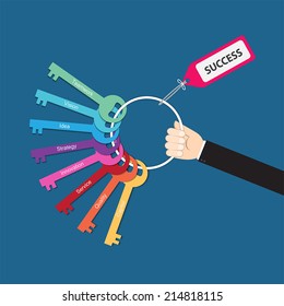 Hand Holding Bunch Of Keys For Success, Vector For  Success In Business Concept, Key To Success,  Key Success Factors, 
