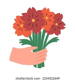  A hand holding a bunch of red flowers, a bouquet. Cute Happy Valentines Day, Birthday greetings, anniversary retro-style design. Vector hand-drawn illustration.