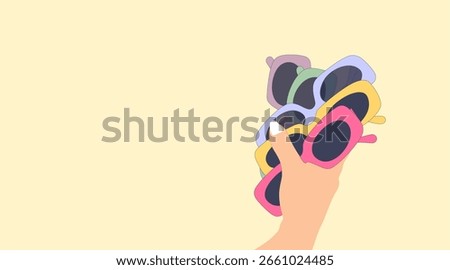 a hand holding a bunch of sunglasses. vector illustration banner concept. copy space.