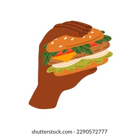 Hand holding burger. American fast food, hamburger with meat and vegetables stuffing between buns. Tasty fastfood snack with beef cutlet, lettuce. Flat vector illustration isolated on white background