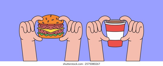 hand holding a burger and a cup cartoon hand drawn illustration vector design for food-related content