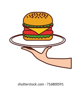 hand holding burger in dish fast food tasty delicious snack lunch