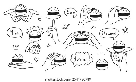 Mão segurando Burger Doodle Line conjunto. Contorno de gestos com os dedos mostrando um delicioso hambúrguer. Fast food com sésamo, balão de fala, texto. Ilustração vetorial