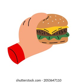 Hand Holding Burger Flat Vector Illustration 