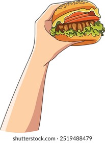 Hand holding burger illustration isolated on white background.