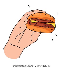 hand holding burger in line art style with color. isolated on white background. hand drawn vector illustration.