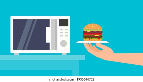 hand holding burger microwave heat the fastfood vector flat illustration