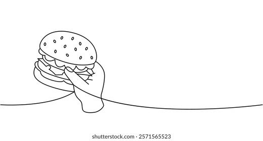 Hand holding a burger one line continuous drawing. Traditional American fast food. Vector illustration.