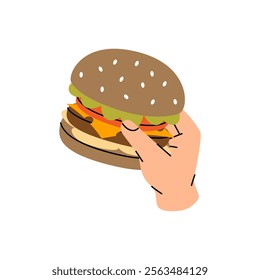 Hand holding a burger. Traditional American fast food. Vector illustration.