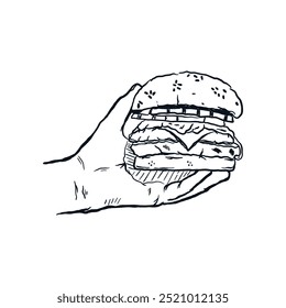 Hand holding burger, unhealthy junk fast food, hand drawn line sketch vector illustration