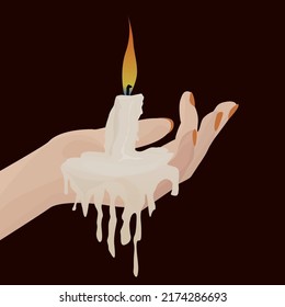 hand holding burning candle. Melting wax candle in left women hand. candles stylized image