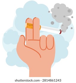 Hand holding a burning cigarette between fingers with thick grey smoke trail.