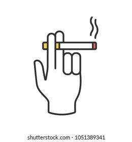 Hand holding burning cigarette color icon. Smoker's hand. Isolated vector illustration