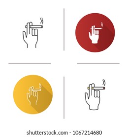Hand holding burning cigarette icon. Smoker's hand. Flat design, linear and color styles. Isolated vector illustrations