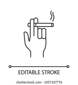 燃えているタバコを持つ手の線形アイコン 細い線のイラスト 喫煙者の手 等高線記号 ベクター画像の輪郭描画 編集可能なストローク のベクター画像素材 ロイヤリティフリー