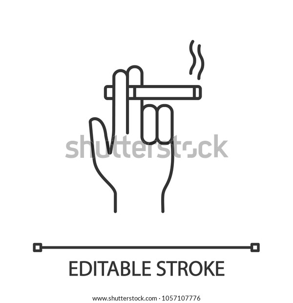 燃えているタバコを持つ手の線形アイコン 細い線のイラスト 喫煙者の手 等高線記号 ベクター画像の輪郭描画 編集可能なストローク のベクター画像素材 ロイヤリティフリー 1057107776