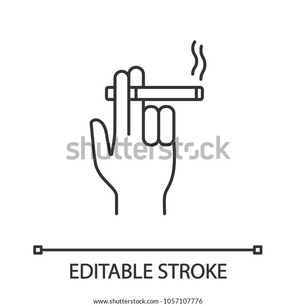 燃えているタバコを持つ手の線形アイコン 細い線のイラスト 喫煙 者の手 等高線記号 ベクター画像の輪郭描画 編集可能なストローク のベクター画像素材 ロイヤリティフリー