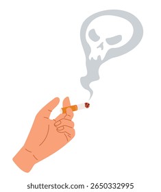 Mão segurando cigarro queimando com fumaça em forma de crânio. Hábito perigoso. Prejuízos para a saúde. Dependência de nicotina. Inalação mortal de fumaça. Braço de fumante. Estilo de vida não saudável
