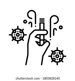 Mano sosteniendo el cigarrillo en llamas con virus. Medidas de seguridad del coronavirus. Vector de línea. Aislar sobre fondo blanco.