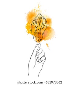 Hand holding burning match with 'Burn 'em all' lettering on watercolor fire. Vector sketch illustration