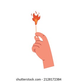 Mano sosteniendo un palo de fósforo en llamas. Vejigo de inflamación. Coincide con el fuego. Concepto piromaniaco. Ilustración vectorial aislada sobre fondo blanco en estilo moderno plano.