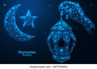 Hand holding burning Muslim lantern, night sky background, moon and stars. Ramadan Karim. Polygonal construction of concatenated lines and points. Blue background.