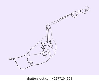 Hand holding a burning Palo santo sacreed stick. Space cleaning, esoteric illustration in one line, outline style. Vector