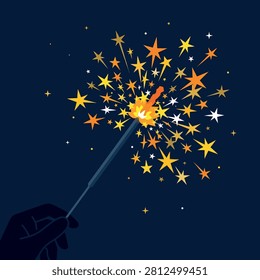 A hand holding a burning sparkler emitting bright golden star-shaped sparks against a dark background.