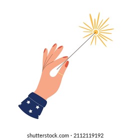 Hand holding burning sparkler fireworks. Vector illustration in flat style