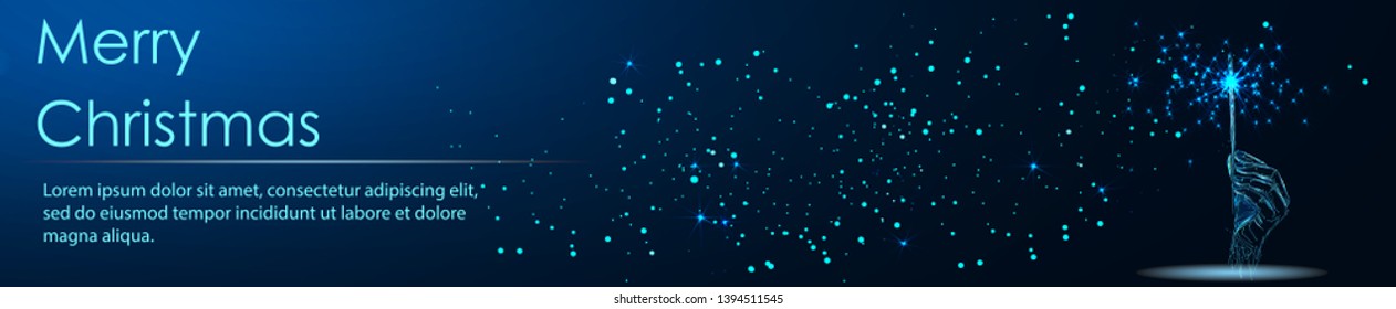Hand holding a burning sparkler. Low poly vector illustration of a starry sky or Cosmos. 