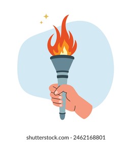 Hand holding burning torch. Fire flame torch. Symbol of competition victory, relay race, champion, winner. Vector isolated illustration