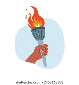 Hand holding burning torch. Fire flame torch. Symbol of competition victory, relay race, champion, winner. Vector isolated illustration