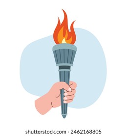 Hand holding burning torch. Fire flame torch. Symbol of competition victory, relay race, champion, winner. Vector isolated illustration