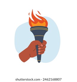 Hand holding burning torch. Fire flame torch. Symbol of competition victory, relay race, champion, winner. Vector isolated illustration