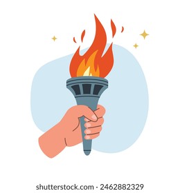 Hand holding burning torch. Fire flame torch. Symbol of competition victory, relay race, champion, winner. Vector isolated illustration