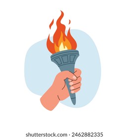 Hand holding burning torch. Fire flame torch. Symbol of competition victory, relay race, champion, winner. Vector isolated illustration