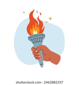 Hand holding burning torch. Fire flame torch. Symbol of competition victory, relay race, champion, winner. Vector isolated illustration